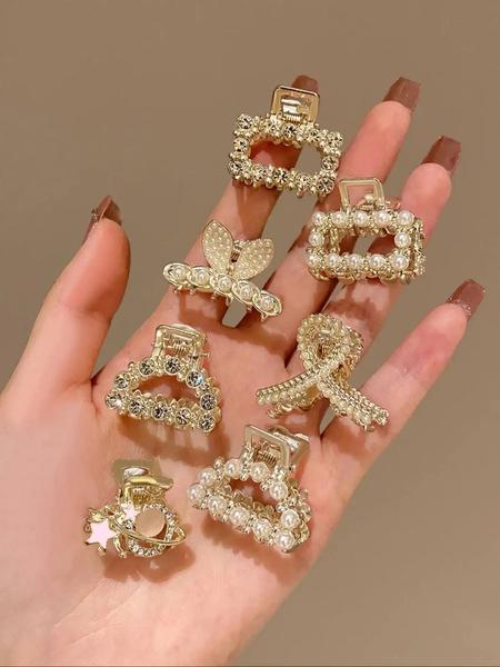 Faux Pearl Decorated Hair Claw, 7counts Hair Clip Set Cute Accessories for Women & Girls, Minimalist Summer Outfits 2024 Headwear for Hair, Party, Daily Clothing Decor