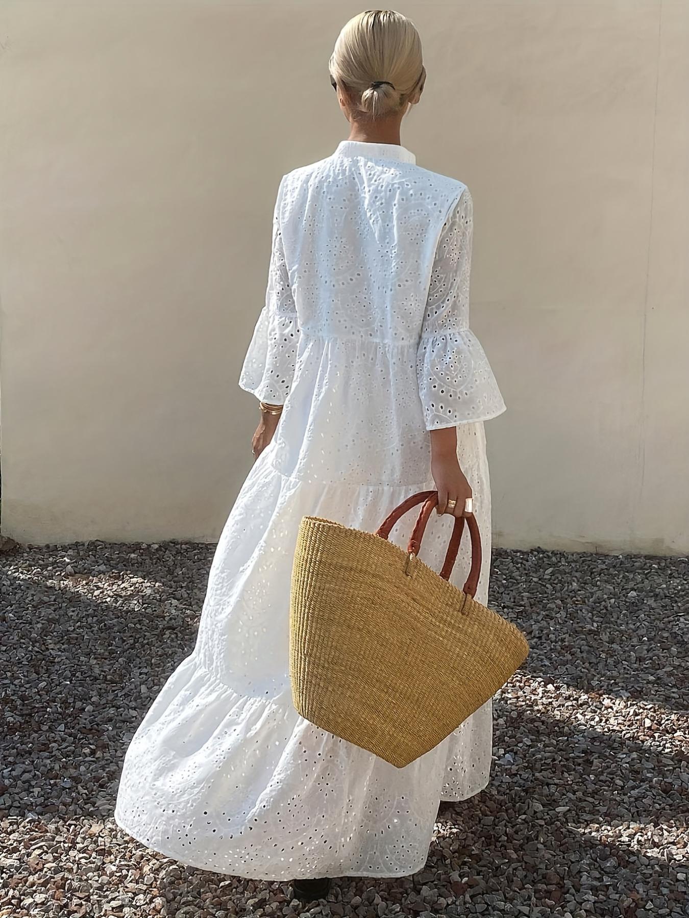 A women's white fashionable French flared sleeve tunic dress with elegant French style, Modest Summer Outfit, suitable for commuting to work, shopping and outdoor activities, indoor and outdoor dressing A women's white fashionable French flared sleeve tunic dress with elegant French style, Modest Summer Outfit, suitable for commuting to work, shopping and outdoor activities, indoor and outdoor dressing