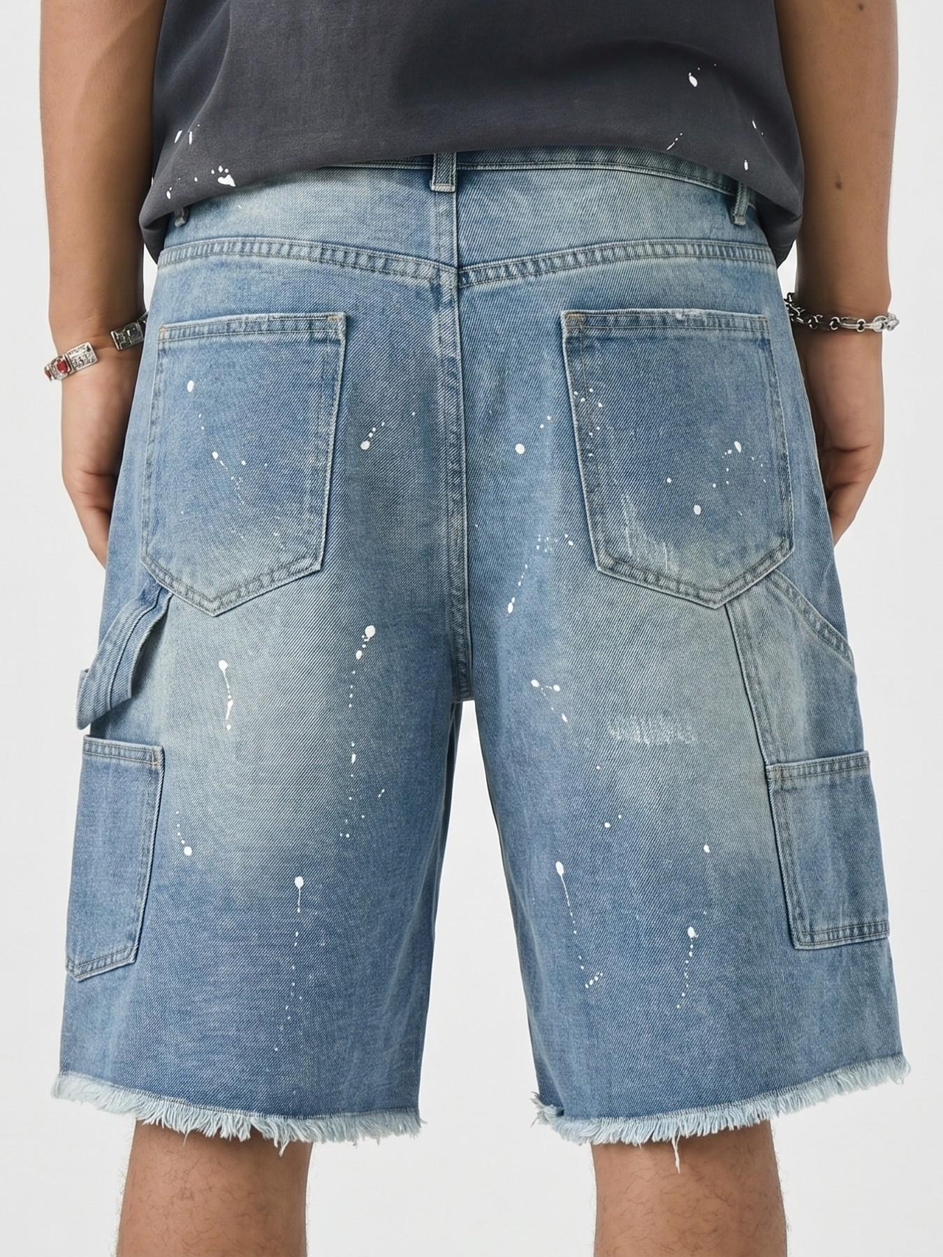 Men's Summer Washed Ink Splatter Distressed Ripped Denim Jeans Shorts, Casual Loose-Fit Straight-Leg Hip Hop Streetwear Shorts with Pockets