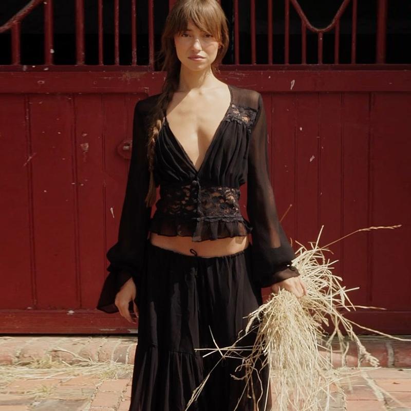 Women Spring Autumn Long Sleeve V Neck Tops Long Skirt Beach Vacation Chiffon Two Piece Set Outfit