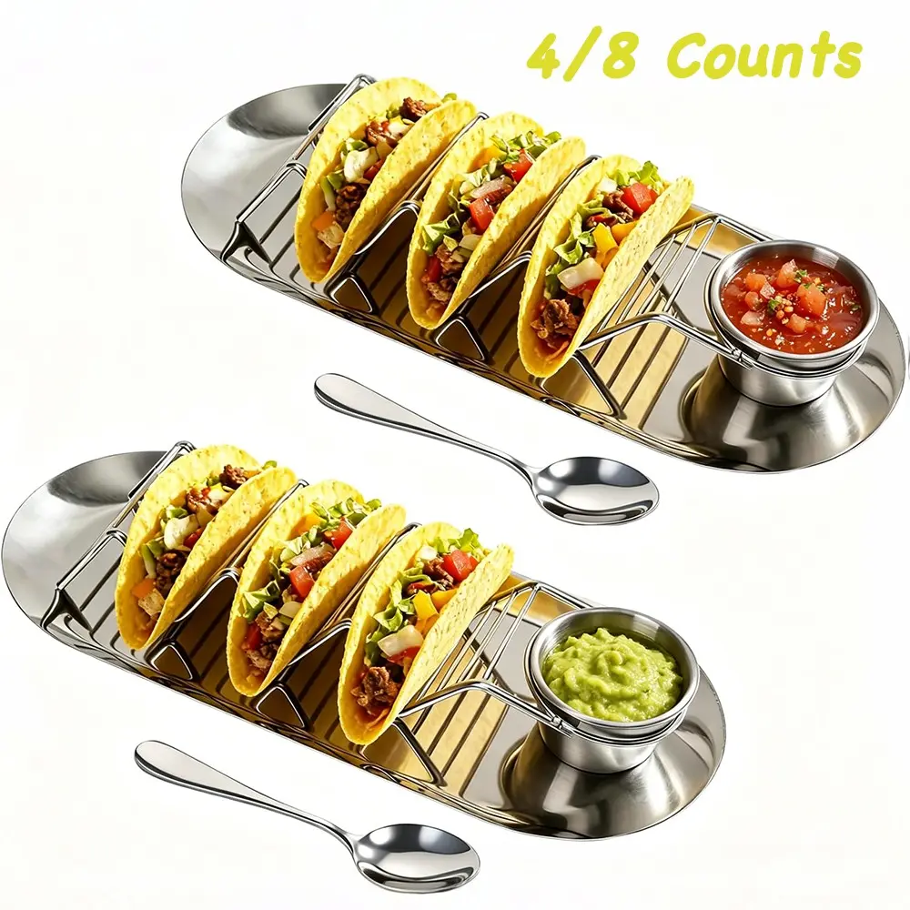 Elegant Taco Accessories Set, Durable Stainless Steel Taco Holder Tray, Sauce Cup & Seasoning Spoon, Perfect Gift for Parties