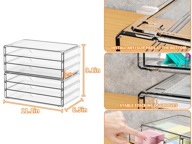 2-Pack Acrylic Storage Drawers (6 Drawers Total) - Stackable Home Organizer for organizing Desk, Office Supplies, Makeup; Large Storage Bin for Pens, Stationery, Palettes, Arts Crafts, Two Packs