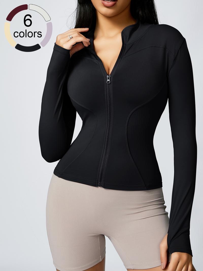 Women's Fashion Stand Collar Sport Jacket, Slim-Fit Long Sleeve Training Top, Thumb Hole Design, Breathable Gym Workout, Stylish Casual Sportswear