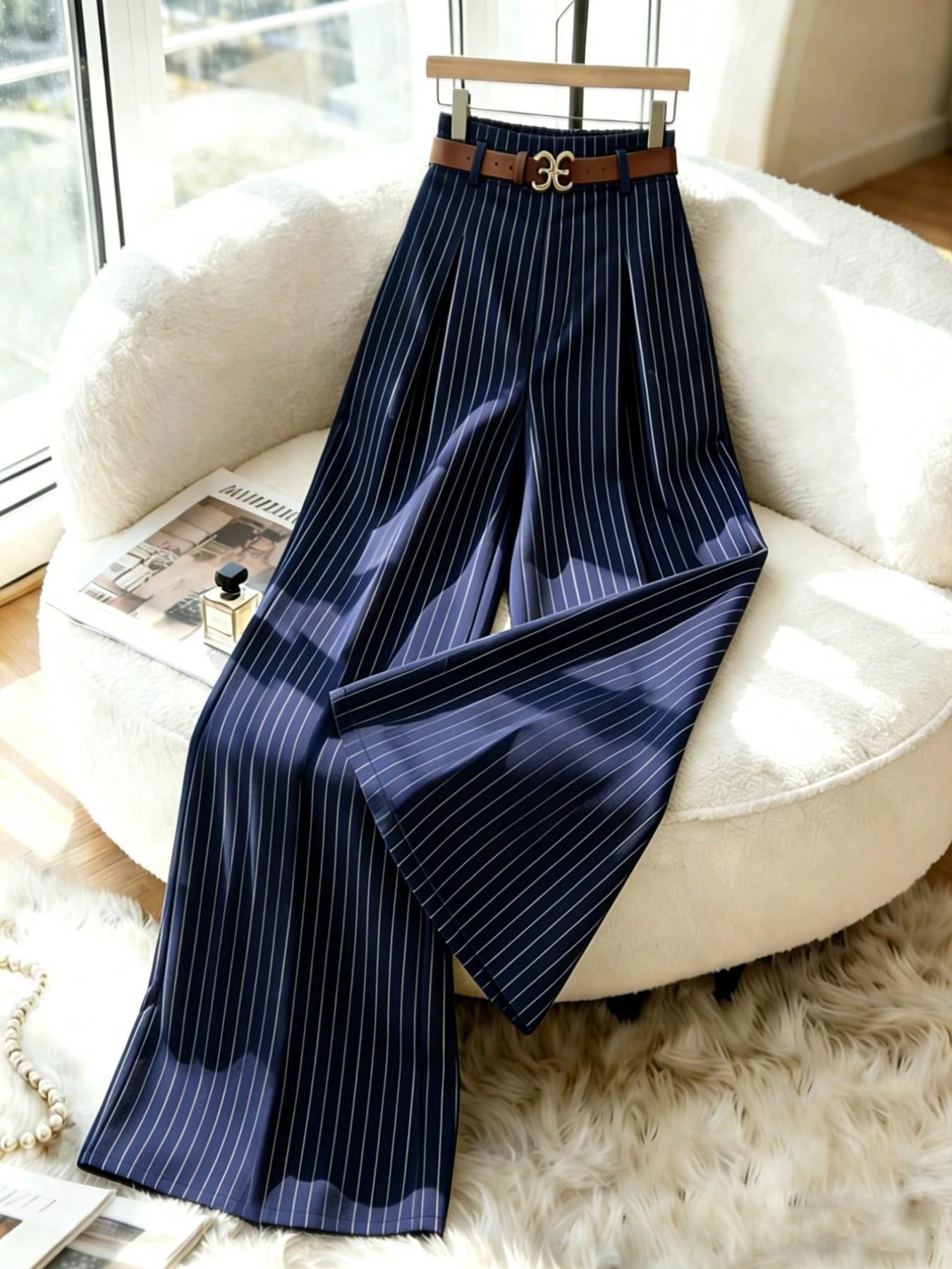 Women's New Navy Striped Suit Pants, High Waist Elegant Fashion, Elastic Waist Straight Leg Loose Wide Leg Pants, Casual Daily Commute, Casual Summer Bottoms, Classy Casual Trousers, All Season Trousers