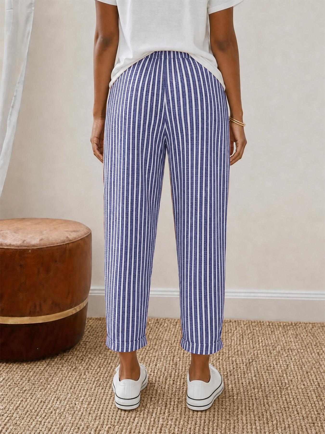 Women 2026 New Arrival Vertical Striped Linen Blend Cropped Pants, High Waist Drawstring Cuffed Casual Capri Trousers with Pocket, Summer Loose Fit Beach Everyday Jogger Pants, All Season, Casual Style Bottoms