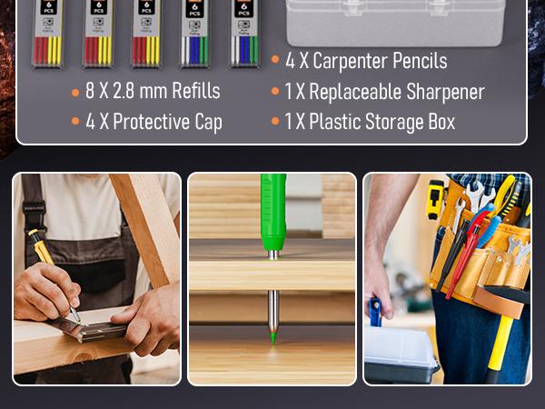 Nicpro 4 Pack Carpenter Pencil with Sharpener & Sleeve, Mechanical Carpenter Pencils Set with 52 Refill, Deep Hole Marker Woodworking Pencils, Heavy Duty Construction Pencils for Architect-with Case
