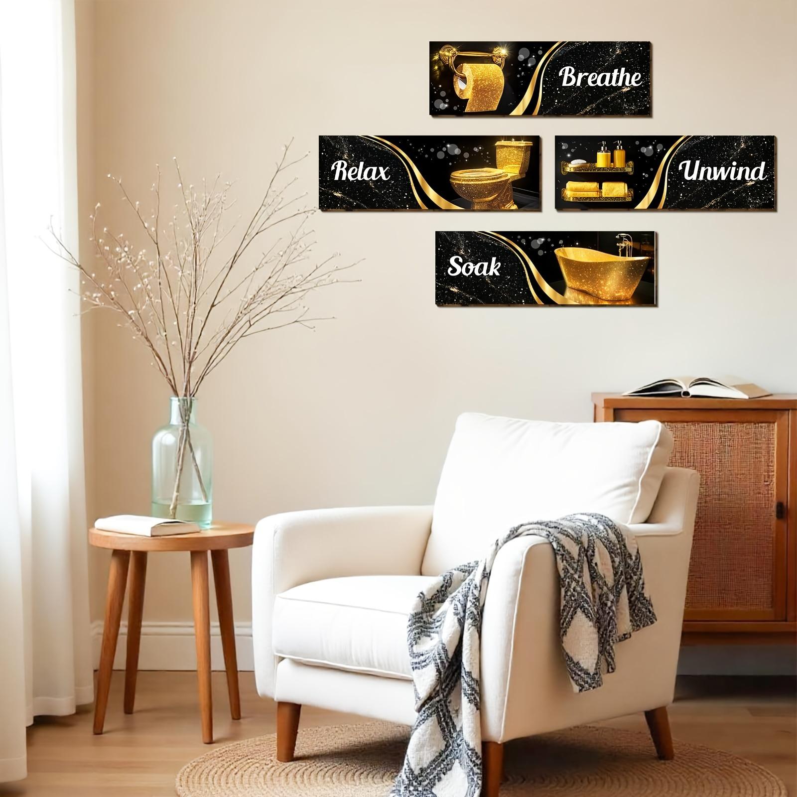 4pcs Black and Golden Wooden Wall Art Set - Abstract Bathroom Decor Sign "Breathe, Relax, Unwind" - Sparkling Toilet Wall Decoration for Home, Bathroom, Laundry Room, Living Room, and Bedroom