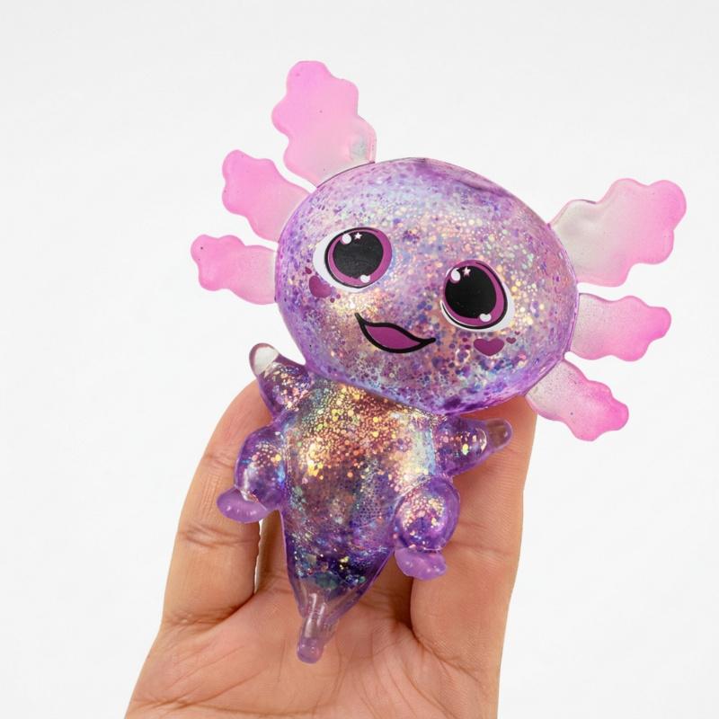 Axolotl squishy toy, made of glittery silicone, cute and adorable, chibi-style salamander design, slow-rebound squishy for stress relief, perfect for students and office workers, a great children's gift, and a stress-relieving toy.