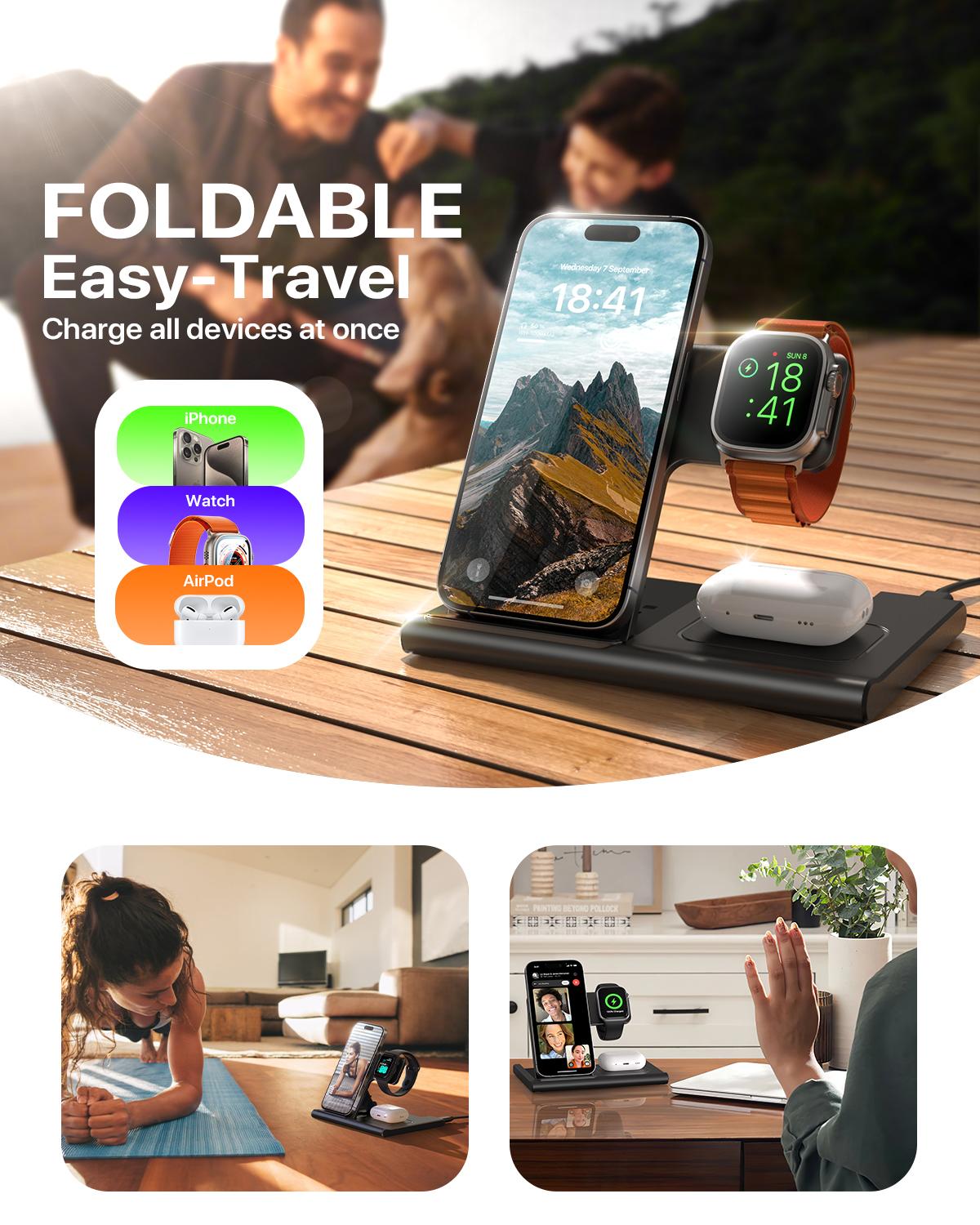 tiktok Upgraded 3 in 1 phone holder Foldable Charging Station for Apple Devices 15W Wireless Charger Stand for iPhone 11 Pro-16 series,Apple Watch and AirPods(Adapter Not Included)Springtok