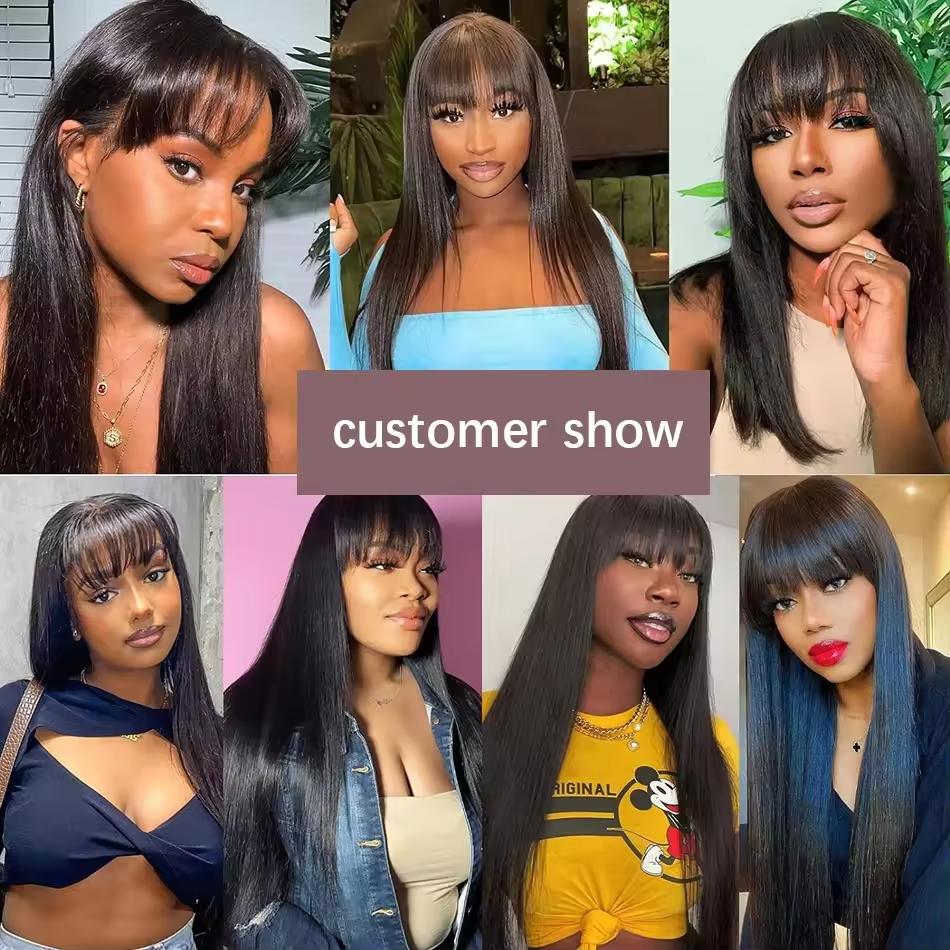 STERLY Glueless Human Hair Wig with Bangs 180% Density 2x4 lace Closure Wigs Middle Part Lace Wig Loose Body Wave Machine Made Wigs for Women Yaki Straight Front Wig Brazilian Hair Wigs HD Transparent Lace Wigs