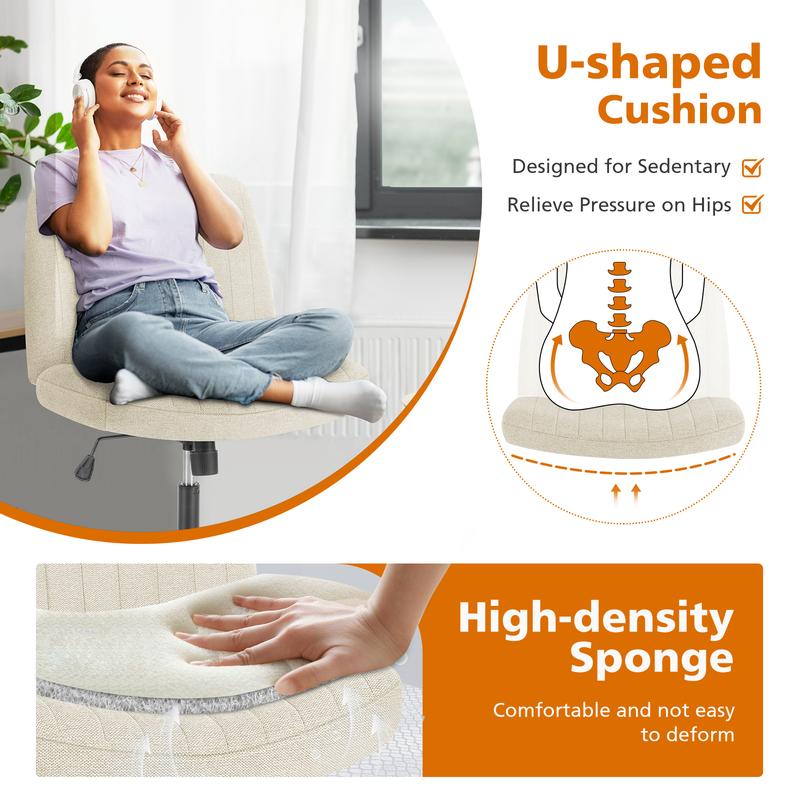 Armless Wide Swivel Office Chair with Cross Leg Seating, Adjustable Fabric Vanity Chair with Wheels and Fixed Base, Padded Seat, Grey Armless Wide Swivel Office Chair with Cross Leg Seating, Adjustable Fabric Vanity Chair with Wheels and Fixed Base, Padded Seat, Grey