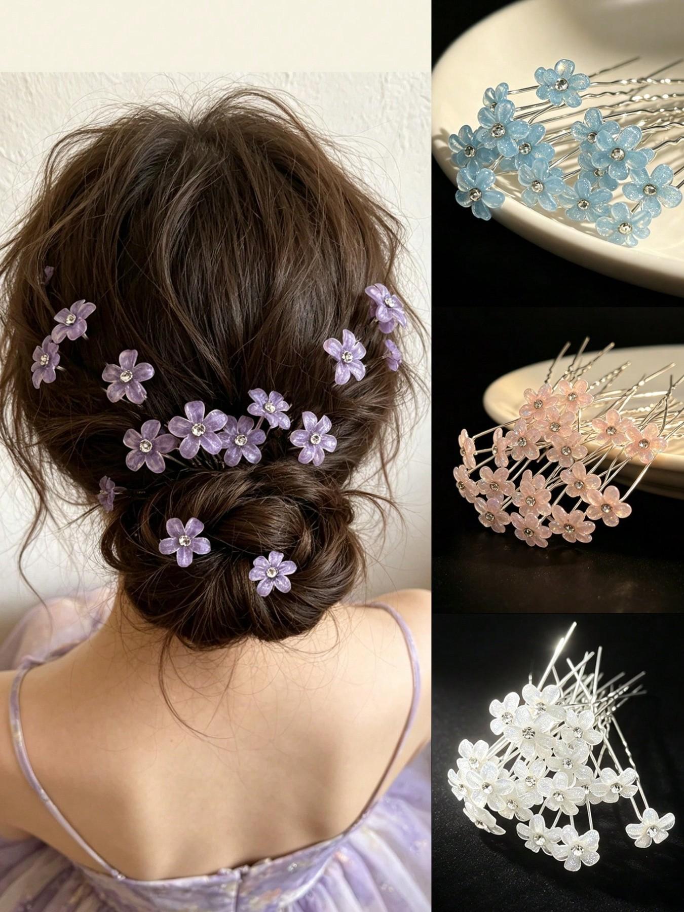 20 Pcs Women's Elegant Floral Hair Pins, Sparkly Flower Hair Accessories, Portable U-Type Hairpins, Suitable for Hanfu/qipao, Wedding Party Decor