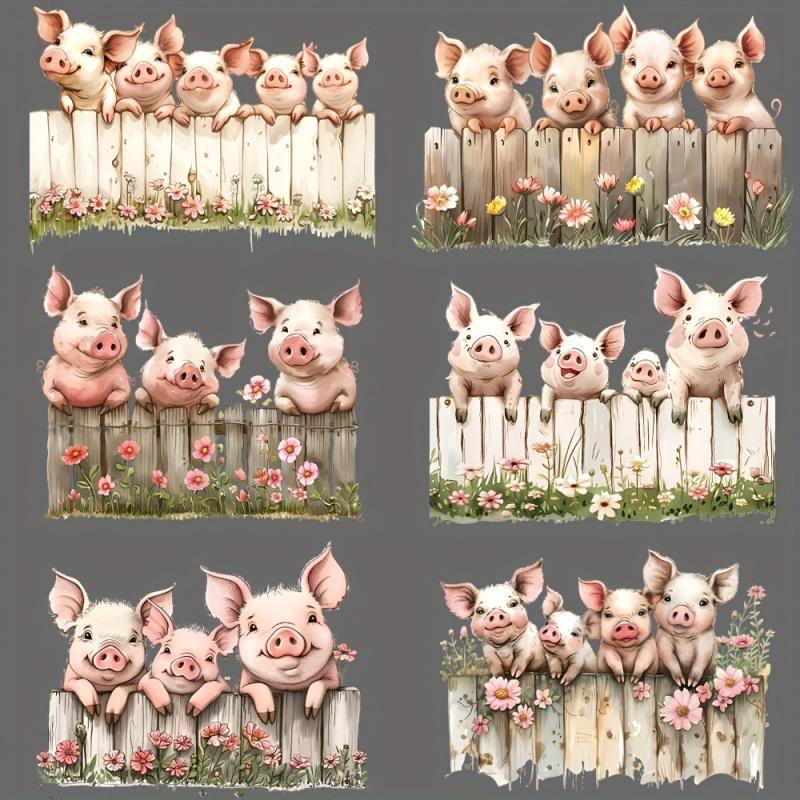 8Pcs Cute Pig DIY DTF Transfer Stickers Washable Heat Transfer Design Iron-On Patches for Tshirt Mask Jeans Backpack Crafts Accessories