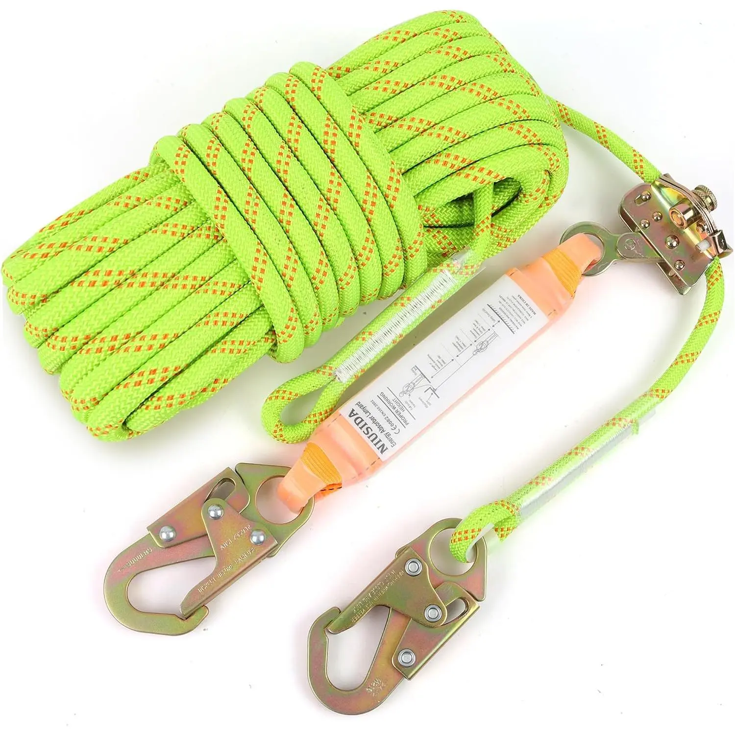 Rope Harness Safety Lanyard 50FT Fall Protection Vertical Roofing Rope| 50FT Anti-fall Safety Rope with Grab Snap, Shock, Vertical Roofing Rope, Tree Climbing Line Kit