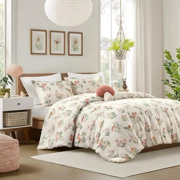 Nokaa Full/Queen Mushroom Garden Comforter Set – Whimsical Botanical Print Bedding, Hypoallergenic Polyester, Antimicrobial, OEKO-TEX Certified, 3-Piece with Comforter & Pillow Shams, Machine Washable