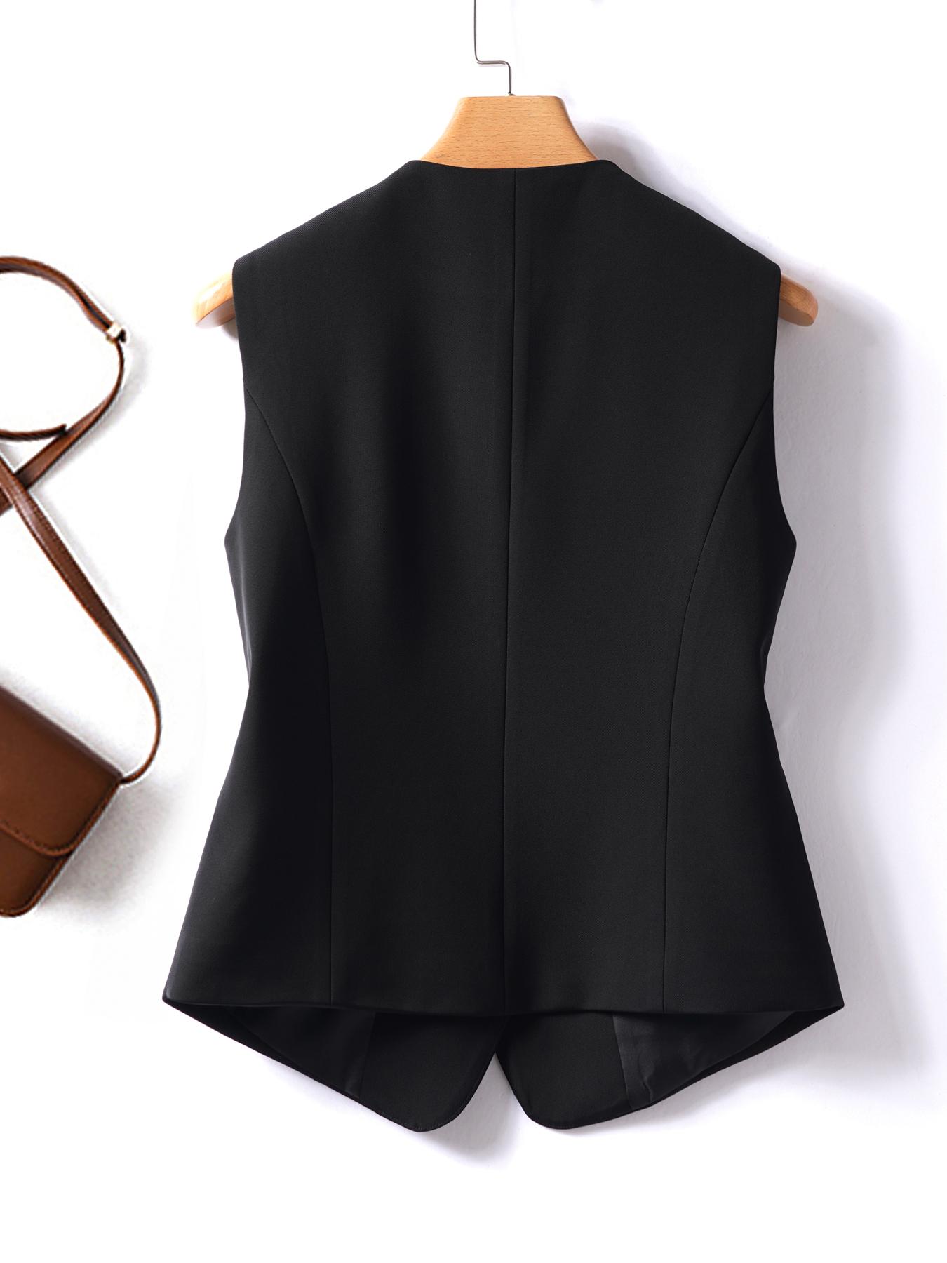Minimalist Women's Basic Solid Color Fitted Asymmetric Button-Front Blazer Vest, Elegant Chic V-Neck Sleeveless Outerwear, Spring & Fall Work Office Clothes Business Vest