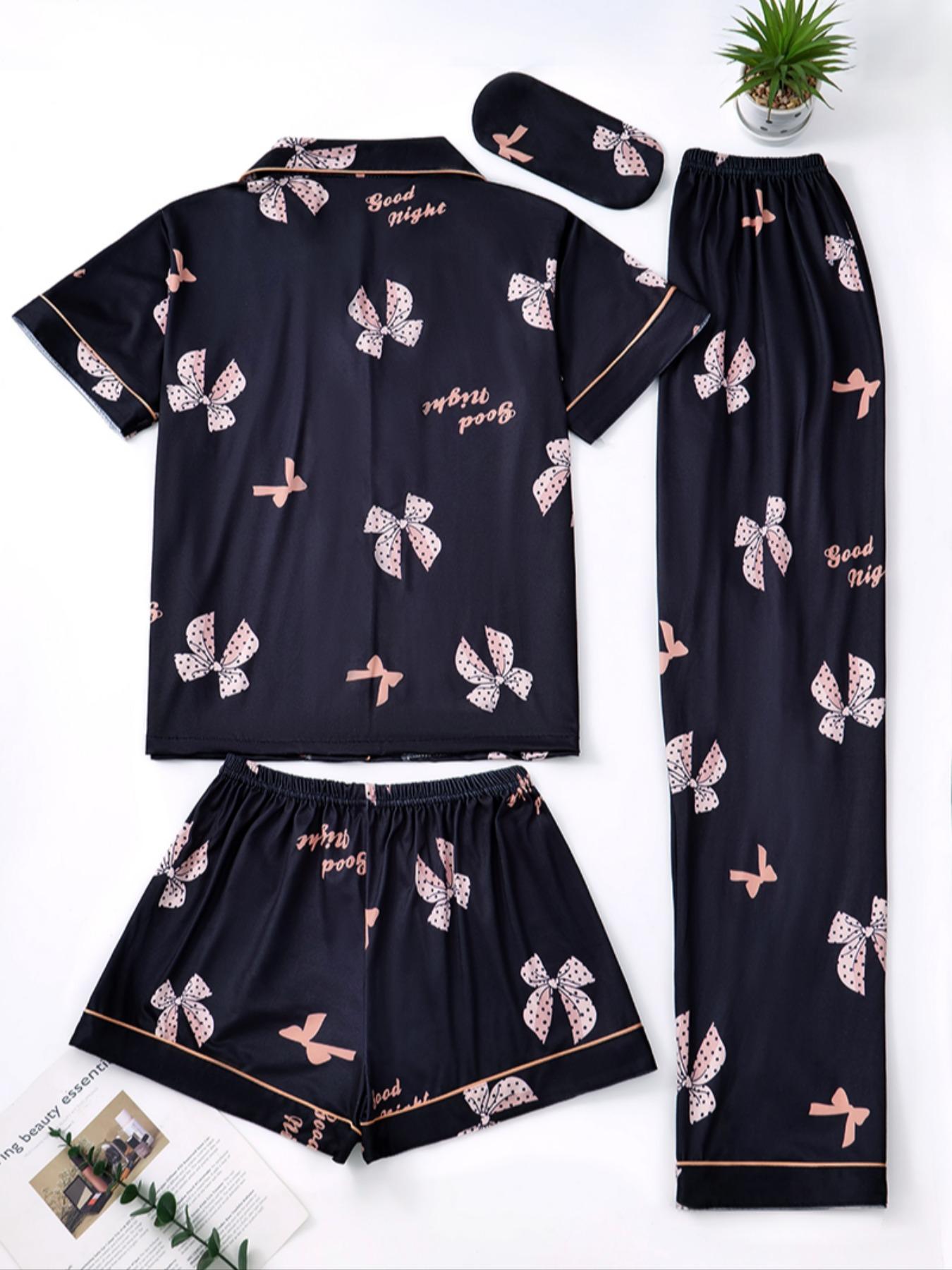 Women's Bow Print Pajama Set, Comfortable Sleepwear for All Seasons, Includes Top & Shorts/pants, Home Wear, Casual Nightwear