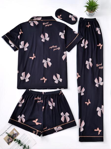 Women's Bow Print Pajama Set, Comfortable Sleepwear for All Seasons, Includes Top & Shorts/pants, Home Wear, Casual Nightwear