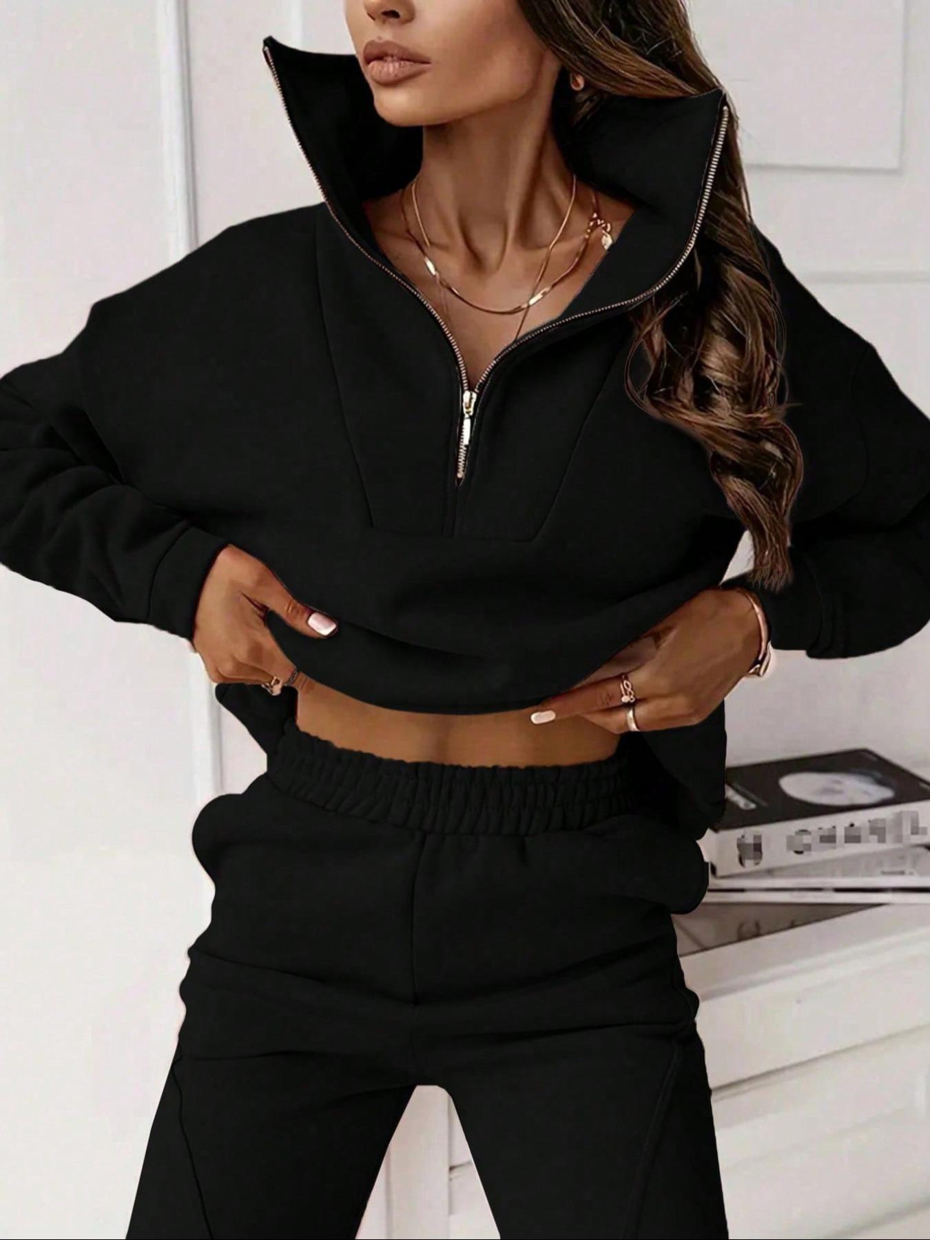 Two-piece women's solid-color crew-neck pullover with long sleeves and elastic waist and loose-fitting bottom pants, perfect for all occasions and versatile in style.