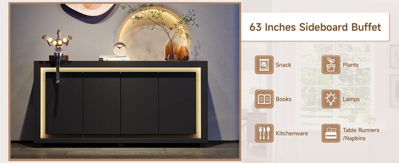 【Modern LED Storage Cabinet】ONBRILL 63"Sideboard Buffet Cabinet,Kitchen Buffet Storage Cabinet with Power Outlets & LED Light, Modern Storage Cabinet with 4 Doors,Coffee Bar Console Wine Bar for Living Room,Kitchen,Hallway