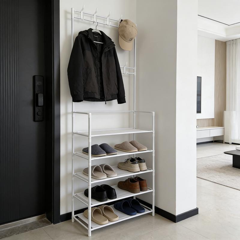 Five-Tier Independent Wardrobe Shoe Rack Combo, Metal Space-Saving Stand, with 8 Hooks and Dual-Sided Shelves