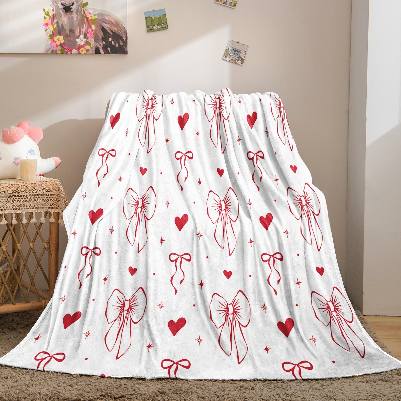 Cute Bow Knot Throw Blanket, Kawaii Pastel Ribbon Soft Flannel Blanket for Sofa Bed, Cozy Gift for Girls Women