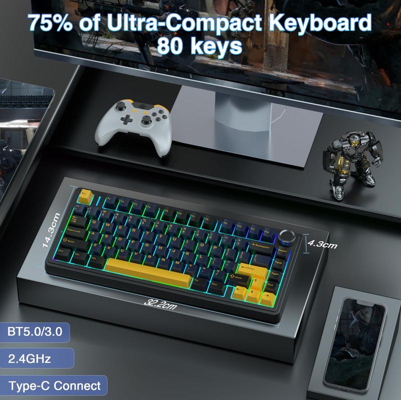 AULA F75 Keyboard Wireless Mechanical Gaming Keyboard with Knob Control,75 Percent Gasket Hot Swappable Custom Keyboard, RGB Rainbow Backlit,Tri-Mode 2.4GHz/Type-C/BT5.0 Creamy keyboards Budget keyboard,  Office Computer  TikTokShopfalldealsforyou