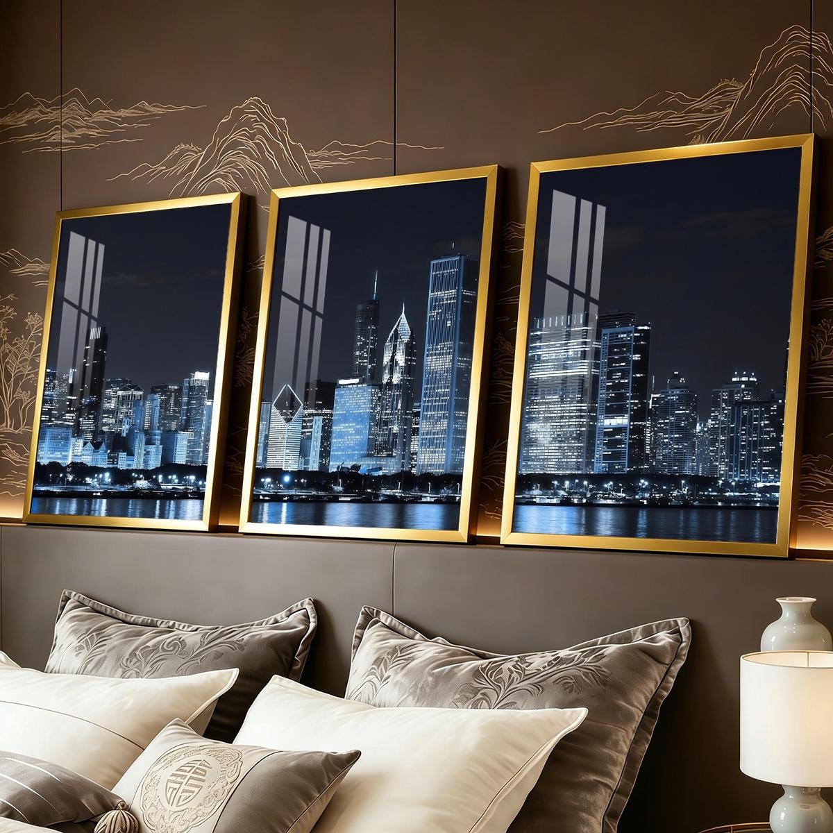 3 Count Aluminum Alloy Frame Canvas， City Night Skyline Fashion Poster， Modern Living Room Decoration， Light Luxury Family Art， Suitable For Bedroom， Corridor And Office Wall Decor， Gift