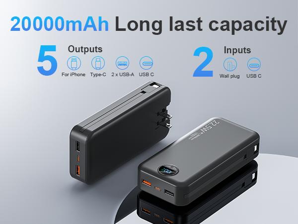 Summerwins 20000mAh Portable Power Bank - Compact, 22.5W Max Fast Charging, Built-in Wall Charger, Foldable AC Plug, Built-in Cable for iPhone 15 Series, Galaxy, USB-C Android Smartphones, Devices, Travel Use detail 1