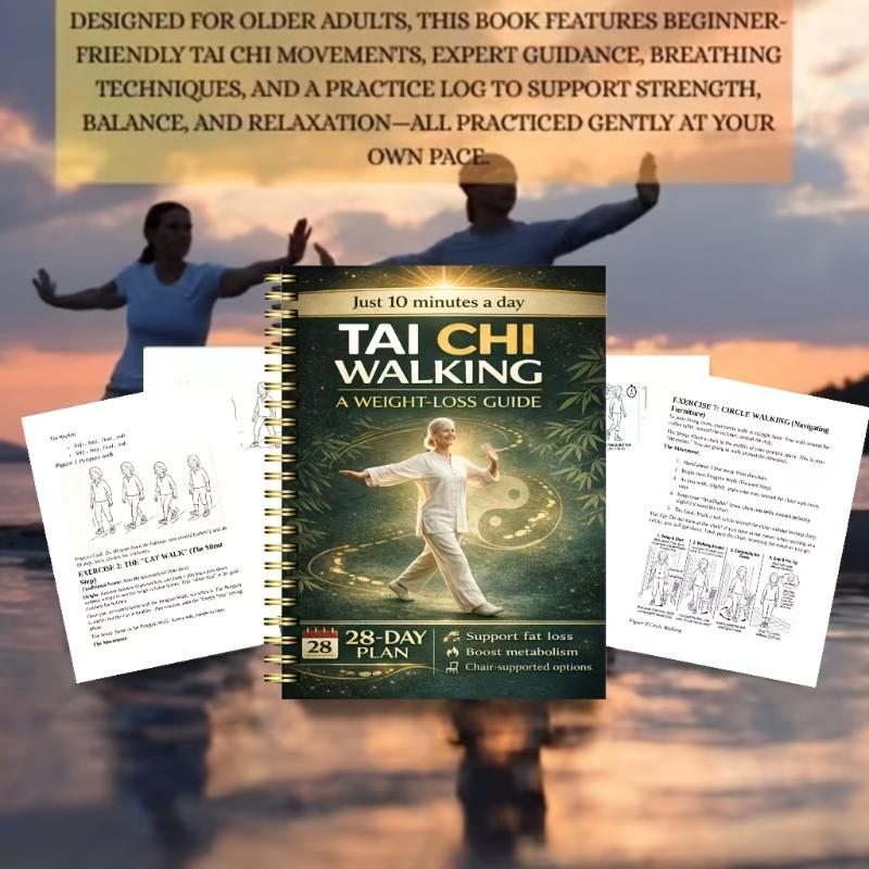 Tai Chi Walking Weight Loss Guide for Seniors, 28-Day Exercise Plan with Chair Support, Low Impact Joint-Friendly Workout, Balance Training Poster