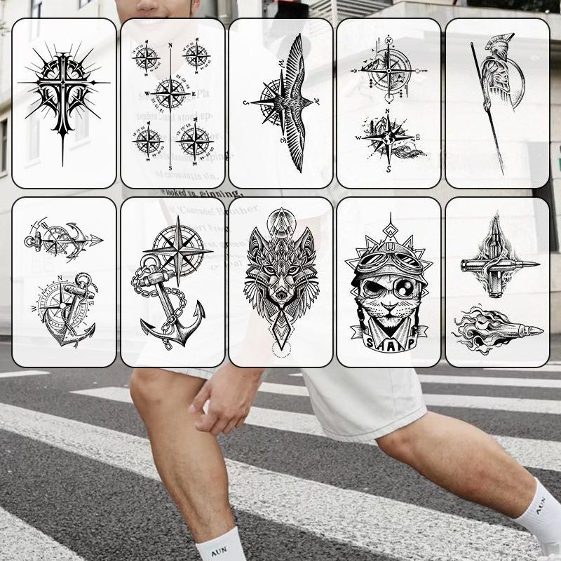 Men's European retro tattoo stickers, compass and mountain, Spartan warrior, bird compass, durable and waterproof, temporary tattoo stickers lasting one to two weeks