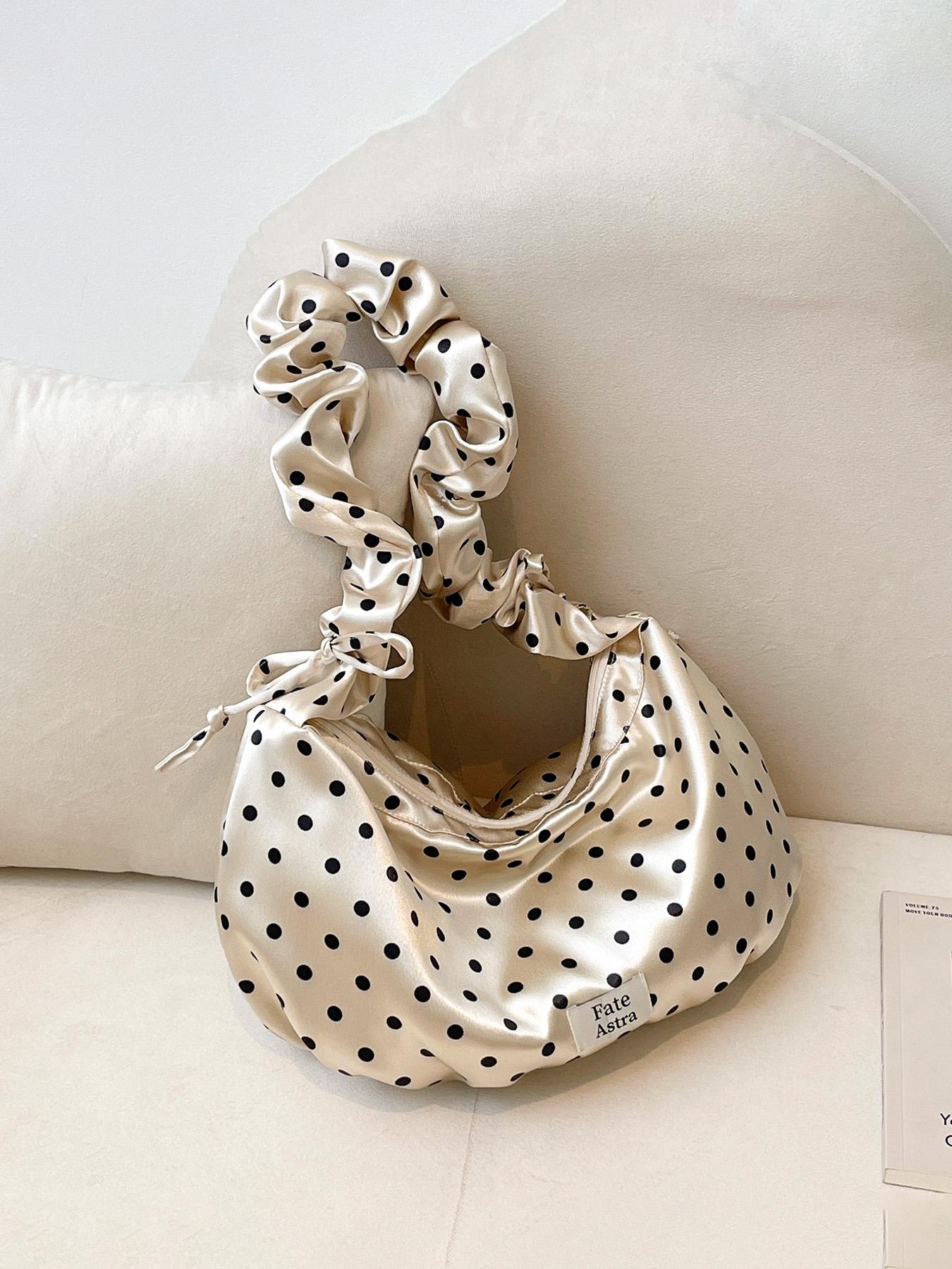 1pc Ladies' cute polka dot shoulder bag, pleated elastic shoulder strap design, aesthetic retro cloud bag with "Fate Astra" label, sweet casual daily perfect for spring and summer wear