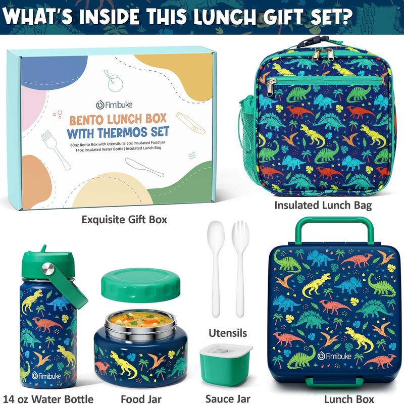 Product Introduction of Fimibuke Bento Lunch Box with internal Thermos Food Jar, Leakproof 60oz 3-4 Compartments Lunch Box ,14OZ Thermos Water Bottle,8OZ Thermos Food Jar,lunch bag,Sauce Jar & Utensils, BPA-Free, Dishwasher Safe,Funny patterns,Back to school gift,Dealsforyoudays 13