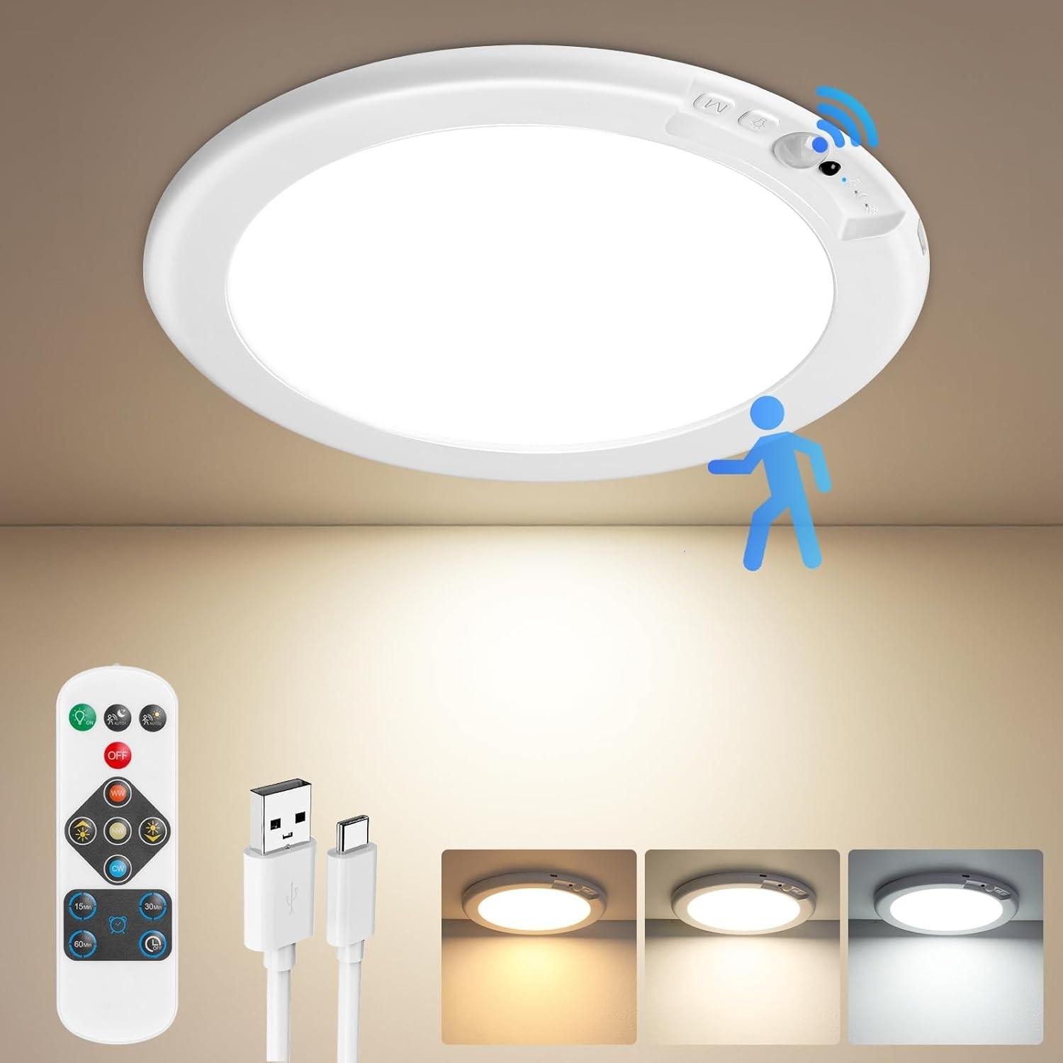 LED Rechargeable Motion Sensor Ceiling Light (2 Pack) with Remote Control, Battery Powered Closet Lamp, Wireless LED Shower Light