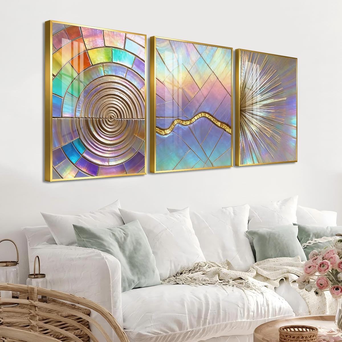 3 Counts Aluminum Alloy Framed Painting, Iridescent Abstract Geometric Art, Home Decoration For Living Room, Bedroom, Office, Restaurant, Hallway Wall Decor, Odorless Print Artwork, Luxury Perfect Gift For Friends And Family