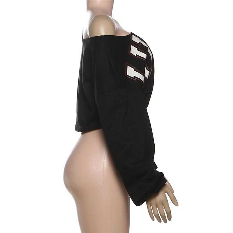 DOUCIU  Trendy Personality High Street Cool Hip-Hop Versatile Women'S Letter Printing Cross-Shoulder Long Sleeves Short Crop-top T-Shirt