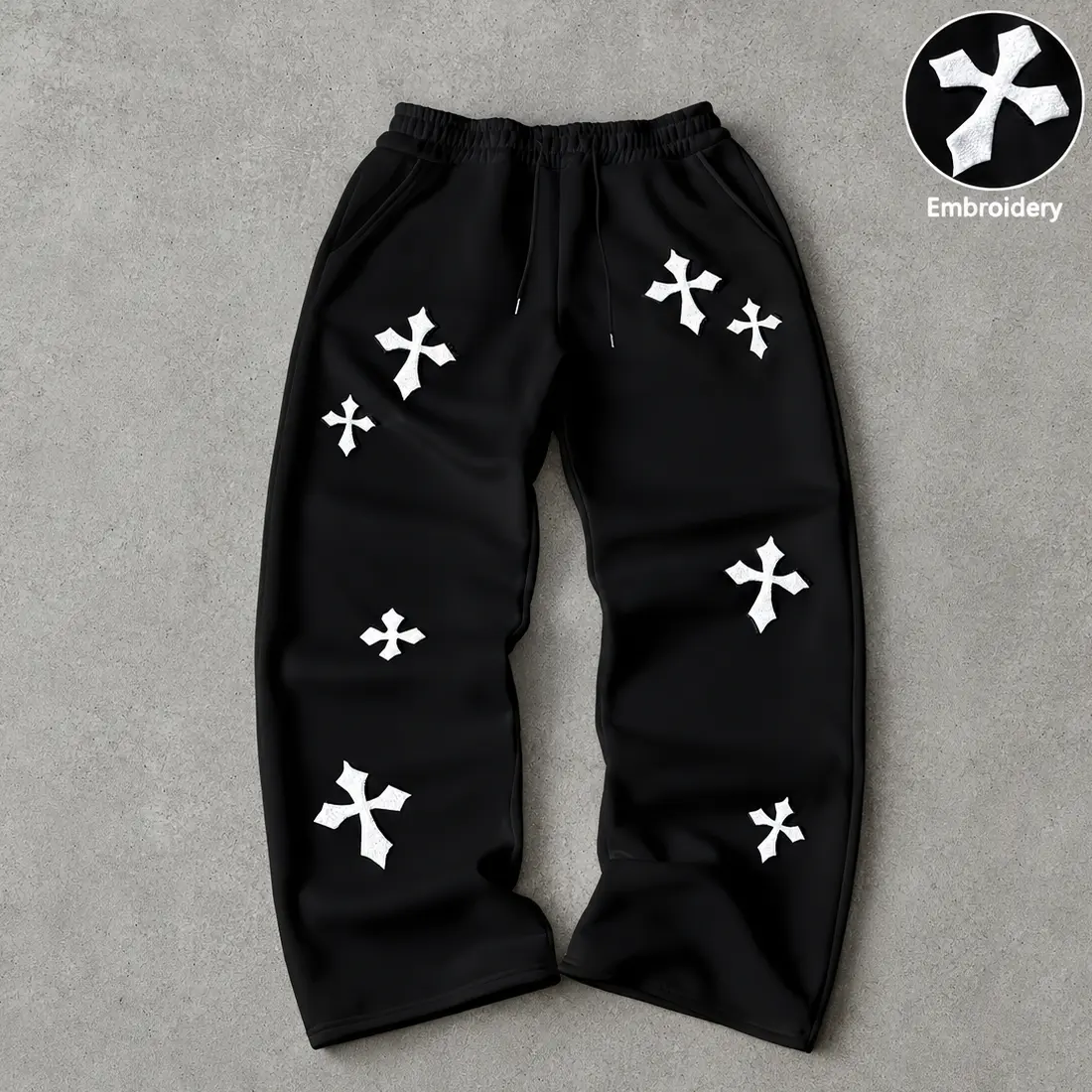 Men's Pants Wide Leg Sweatpants Loose Fit Trousers Cross Embroidery Patchwork Gothic Streetwear Y2K Harajuku Baggy Bird Joggers With Drawstring Elastic Waist Cloth Fabric Casual Bird Hip Hop  Black Charcoal Bird Male Clothing cozy everyday street
