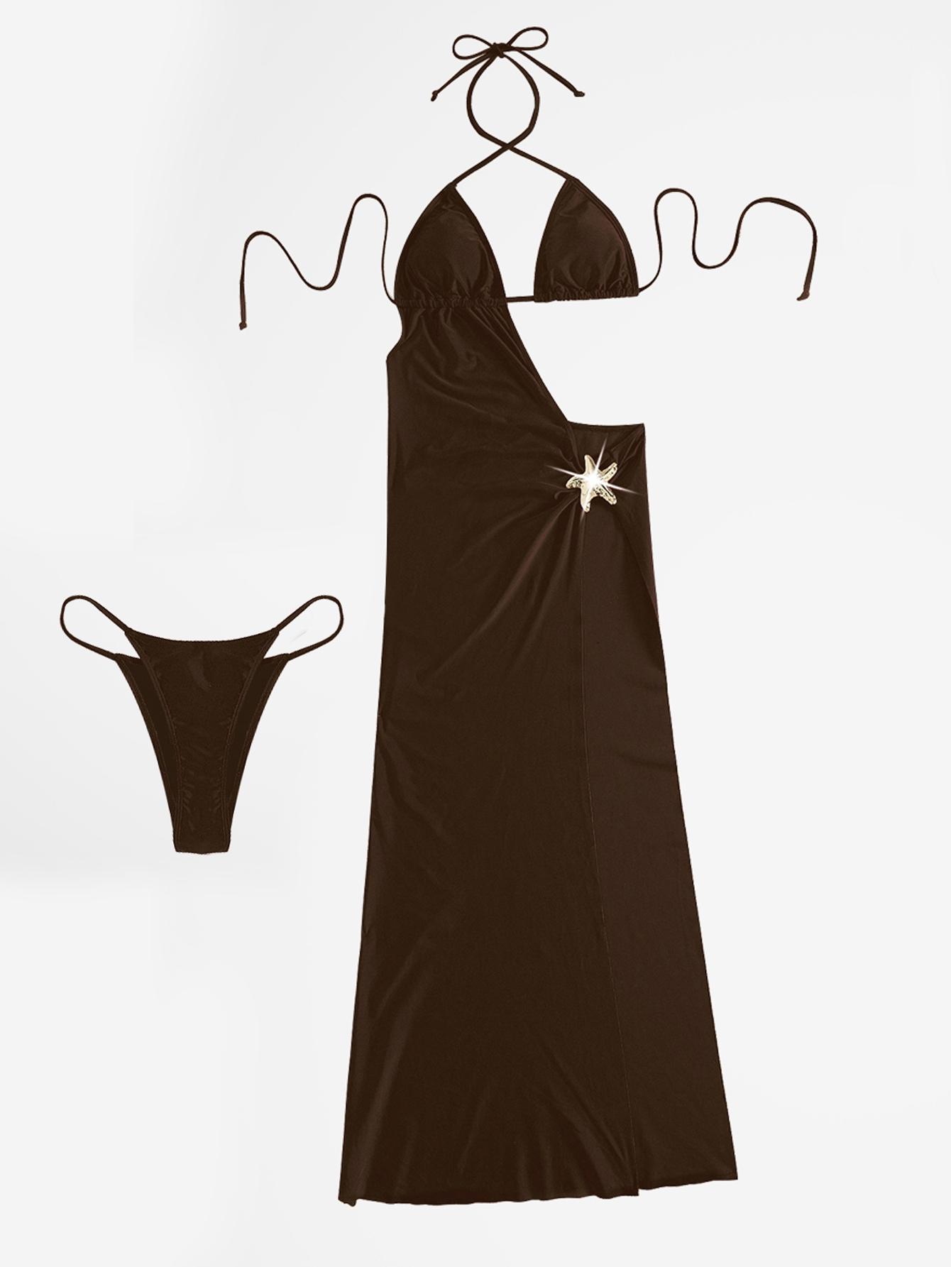 Women's Black One-Shoulder Sleeveless High Slit Maxi Dress with Gold Starfish Metal Accent - Side Cutout Sexy Party Dress for Nightclub, Beach Vacation, Festival Rave