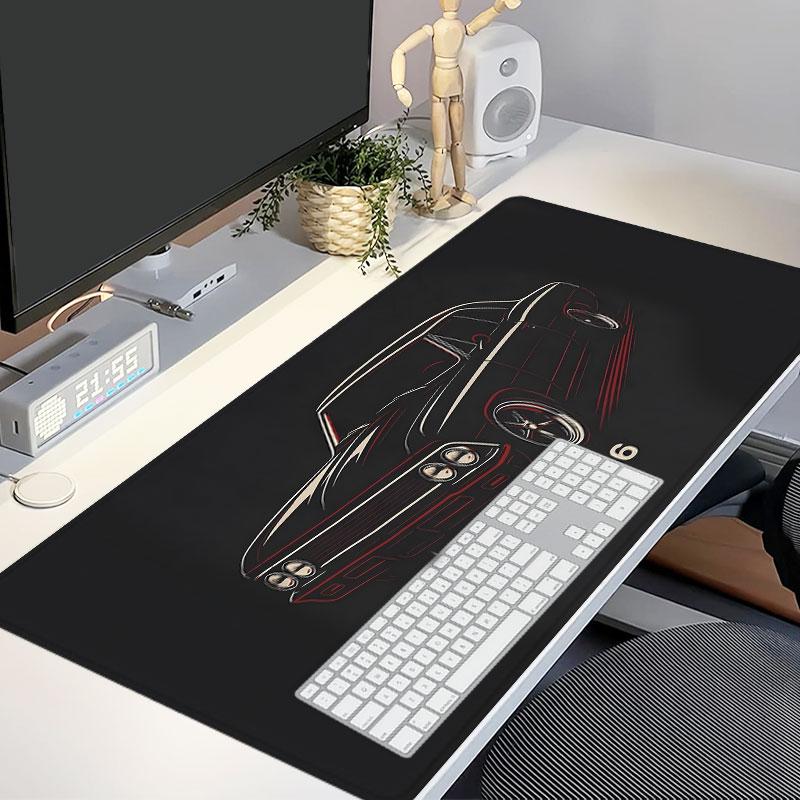 Classic black muscle car large-sized gaming mouse pad, vintage automotive design desktop protection pad, anti-slip rubber lock edge high-definition printing, suitable for computers, laptops, offices, homes, schools, as a gift for family and friends.