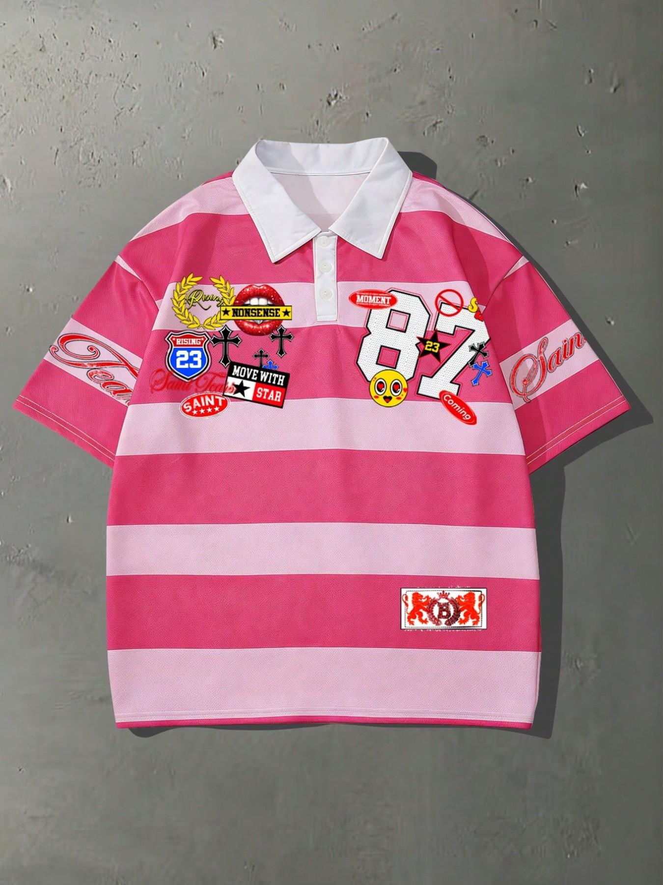 American Vintage Striped Knit Polo Shirt, Oversized Loose Fit, Short Sleeve, Breathable Mesh Fabric, Trendy Casual Streetwear, Ideal for Sports
