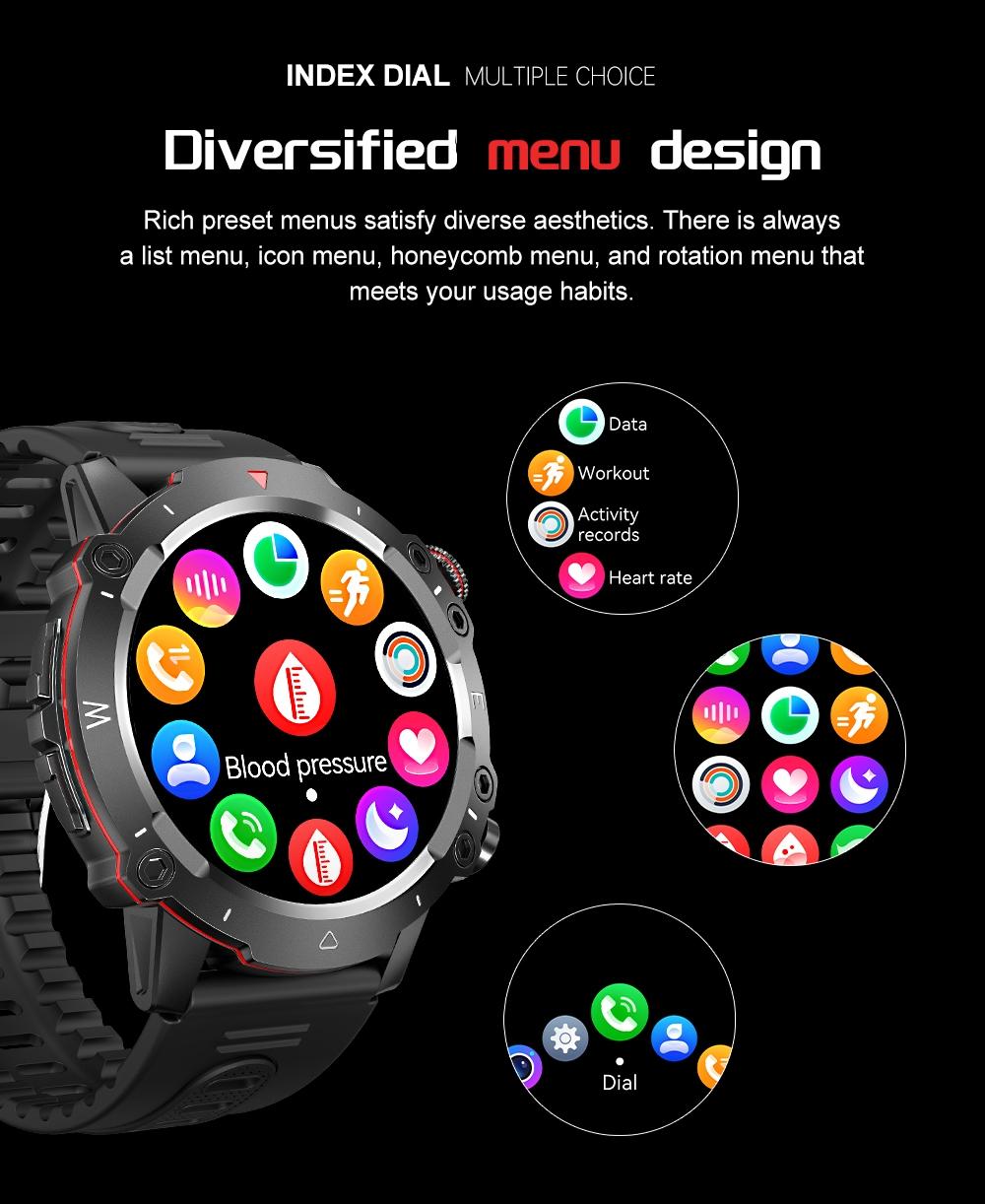 ZW48 Tactical Bluetooth Calling Smart Watch 1.46 Inch HD Round Display LED Flashlight for Outdoor Fitness Daily Wear