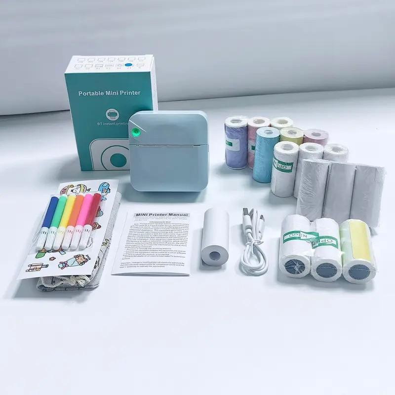 Portable Mini Printer Set, USB Rechargeable Wireless Thermal Printer with Paper, Portable Label Printer, Ideal for Home Office School Portable Photo Printer
