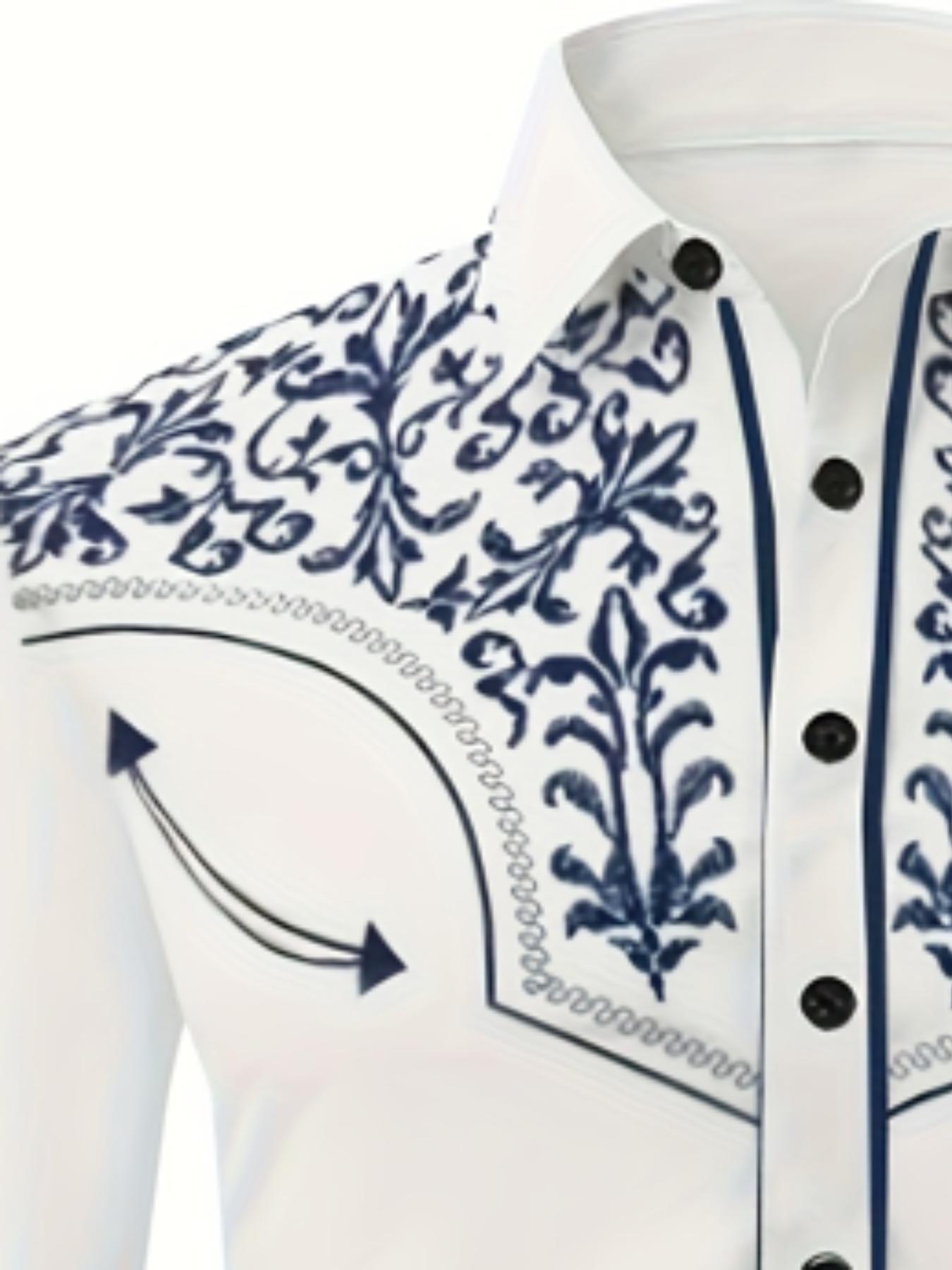 Men's Blue Pellis Pattern Long Sleeved Lapel Shirt, Autumn Business Casual Wear, Fitted Ethnic Design, Spring & Fall Fashion Top