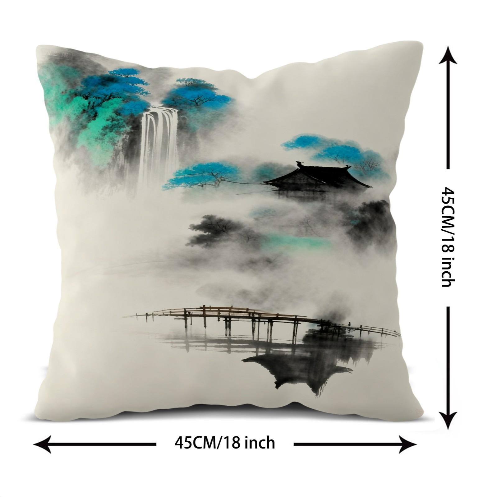 1 Pack 18×18 Inch Asian Ink Wash Landscape Throw Pillow, Mountain Scenery Print Decorative Accent Cushion, HD Digital Print Zippered Pillowcase, Non-Fade Home Decor Cushion for Sofa, Bed, Living Room, Bedroom