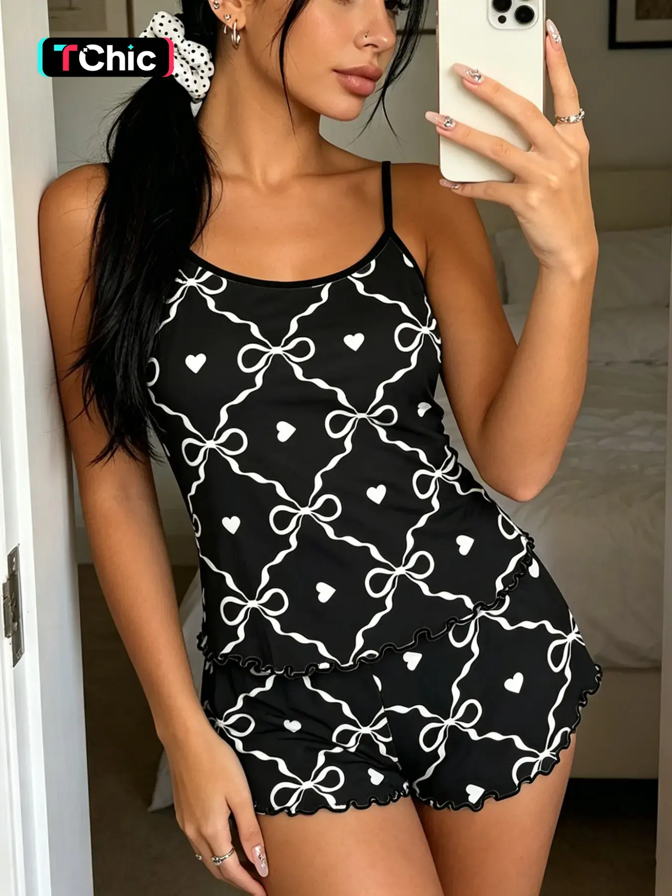 Base Bow Heart Print Pajama Set, Womenswear Sleeveless Slim-Fit Sleepwear, Loungewear, Sweet Cool Girl Style, Breathable Home Wear