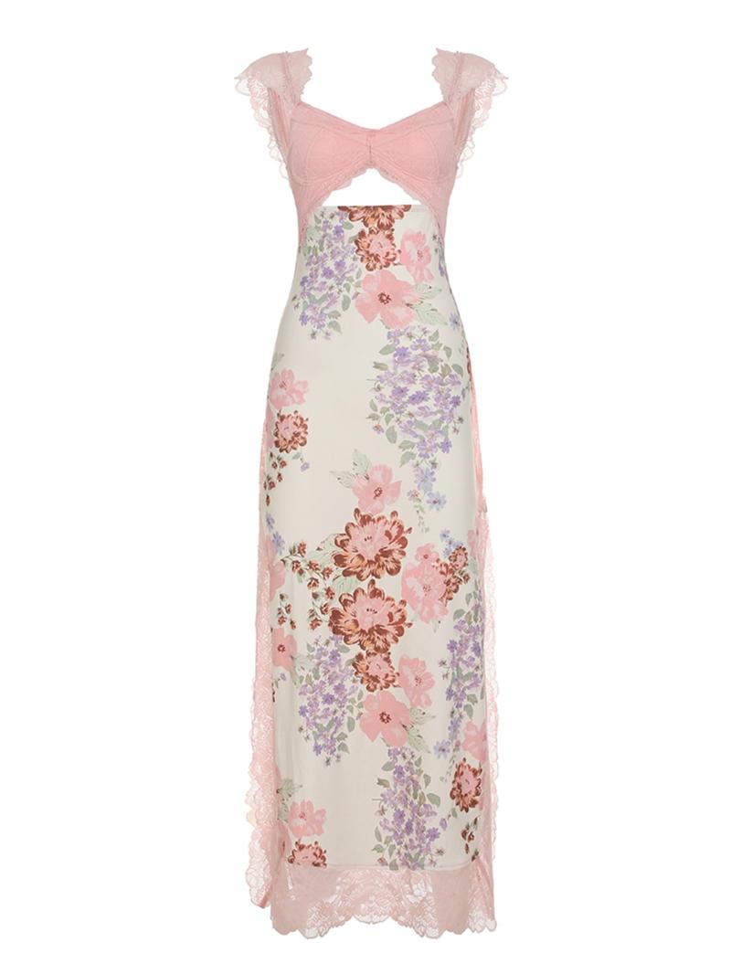 Women's Floral Patchwork Print Lace Trim Dress, Summer Clothes Women, Boho Aesthetic Fashion Long Dress for Beach Holiday Vacation, Ladies Dress for Summer