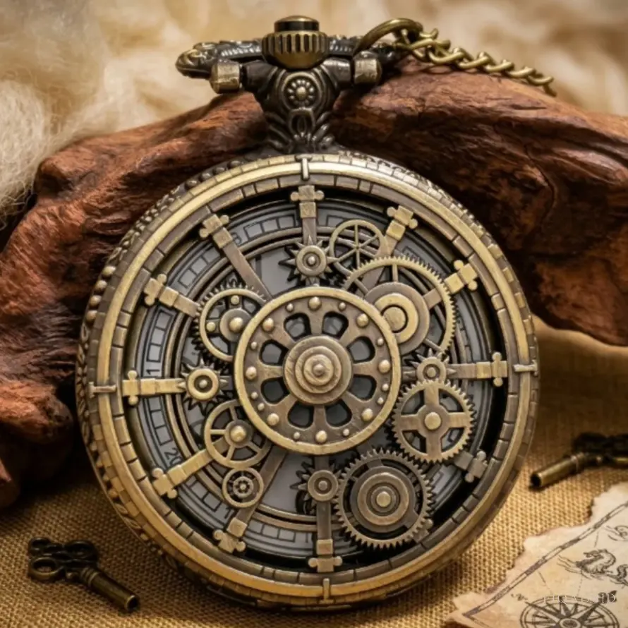 Unisex Steampunk Skeleton Gear Pocket Watch, Vintage Bronze Half‑Hunter Quartz Timepiece, Engraved Floral Case With Long Pendant Chain, Retro Decorative Accessory For Cosplay, Daily Matching And Graduation Occasions