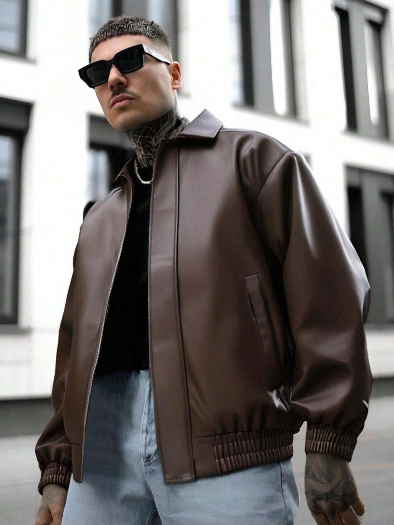 Men's PU Leather Long Sleeve Fitted Jacket with Large Double Pockets, Waterproof Windproof Slim Fit Coat, Casual Fashion for Spring & Fall Seasons