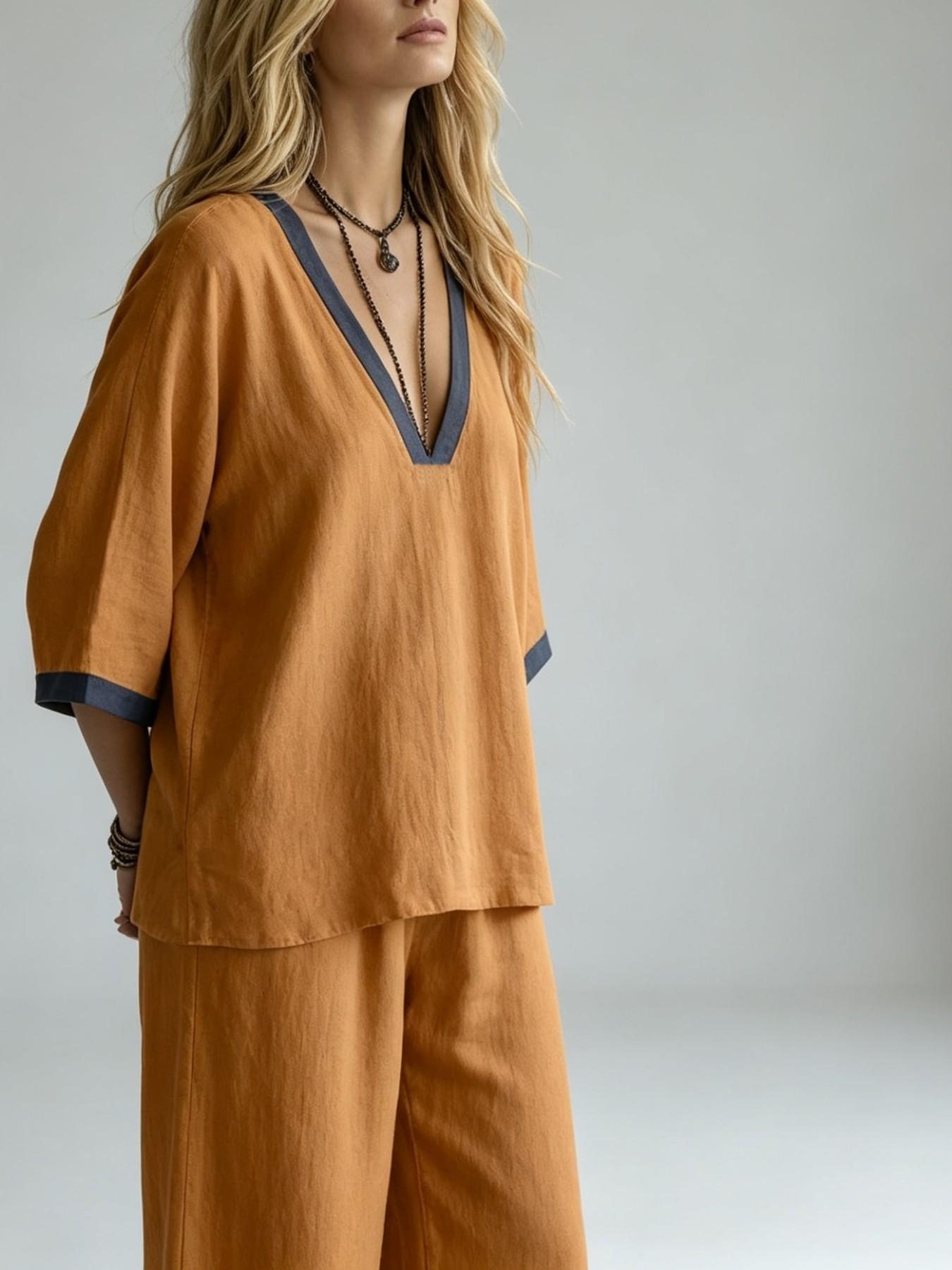 2026 Summer Women's Solid Color Two Piece Set, V Neck Half Sleeve Top, Loose Fit Long Pants, Casual Daily Streetwear, Co-Ord, Outfit