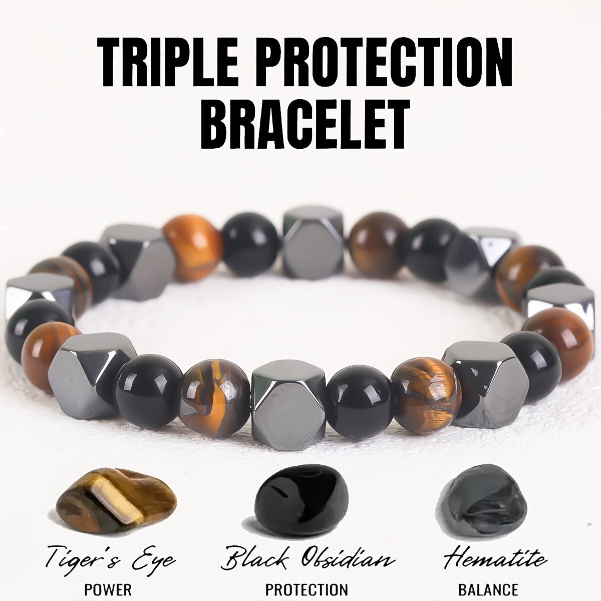 1Pc Natural Stone Beaded Bracelet, 8mm Polished Tiger Eye & Hematite Round‑Bead Construction, Cool Punk Retro Style, Men’s Elastic Stretch Wrist Bangle, Guys For Daily Wear & Streetwear Outfits, Energy Protection Charm, Ideal Valentine’s For Boyfrien